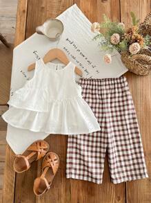 SHEIN LMoss Kids LMoss Baby Girl Plaid Print Long Pants And Embroidered Top 2pcs/Set, Cute Matching Outfit, Summer