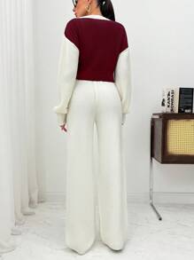 EURMUSE Women Cable Knit Pattern V-Neck Pullover & Sweater Pants Set - Multicolor - View 5