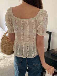 DAZY Jednolita koronkowa bluzka damska z krótkim rękawem, dopasowana na lato, top typu babydoll