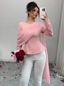 Elenzga Women's Elegant Round Neck Long Sleeve Solid Color Princess Seam Cinched Waist Chiffon Batwing Blouse, Fashionable And Slimming