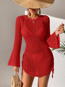 SHEIN Swim 1 件女式纯色长袖休闲罩衫连衣裙，适合夏季海滩度假 - 紅色 - 查看 6