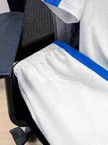 SHEIN 2pcs Tween Boy Casual Korean Style Letter Print Color Block Textured Waffle Fabric Short Sleeve T-Shirt And Shorts Set, Suitable For Commuting, School, Daily Casual, Sports, Spring/Summer - White - View 5