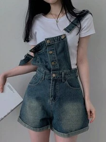 DAZY Women's Distressed Denim Bib Overall, All-Season Fall/Winter