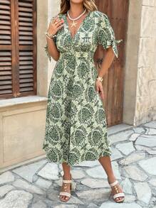 Breezaya Plus Size Women's Boho V-Neck Short Sleeve Floral Totem Print Button Down Dress, Suitable For Beach, Dating, Commuting, Office, For Summer - Green - View 4
