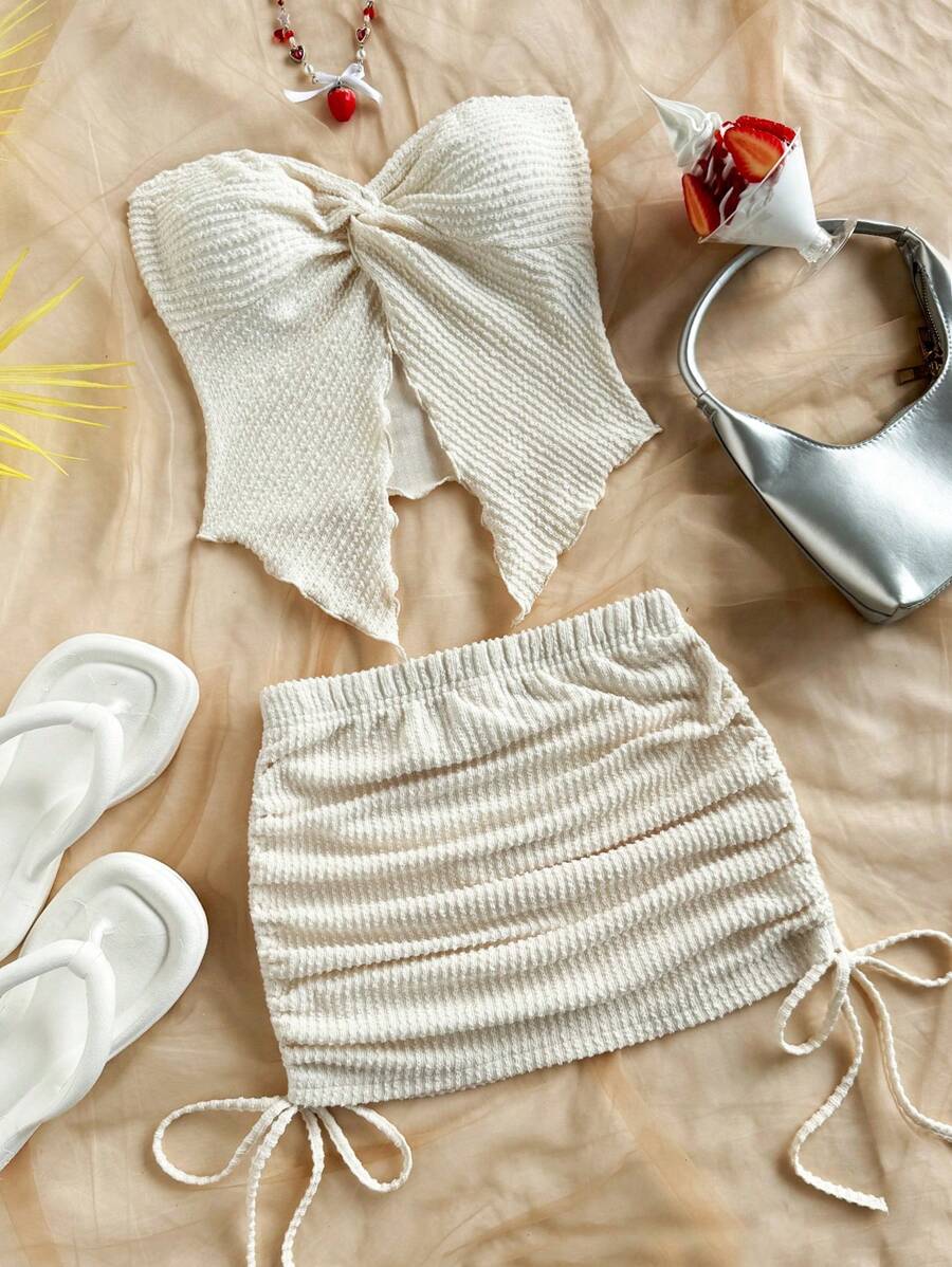 Soleia 2pcs/Set Women's Solid Twist Bandeau Top & Side Drawstring Mini Skirt Two Pieces Set, Valentine's Day, Vacation, Summer Western Wear, Birthday Beach Outfit,Vacation Outfits Woman,Mardi Gras