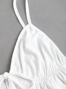 Sweetra Women's New Vacationwear Beach Pure White Camisole Top - Hollow-Out, Textured Ruffles, V-Neck, Sleeveless, Crop Top For Summer - White - View 5