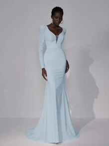 Elitara 优雅奢华浪漫白色性感露背 V 领弹力针织长袖鱼尾超长连衣裙，配有超长拖尾，适合婚礼、单身派对、度假、舞会、新娘礼服 - 淺藍色 - 查看 7