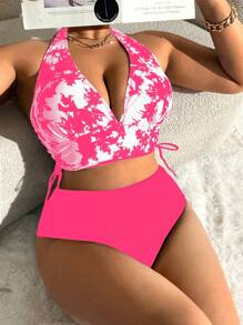 Slaydiva Plus Size Tie-Dye Print Halter Neck Top And Solid Color Triangle Bikini Set Bottom Bikini Set, High Waisted Swimwear Bathing Suit Beach Outfit Summer Vacation,Summer Beach