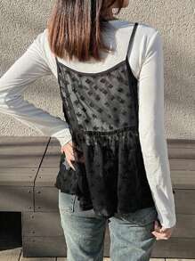 FRIFUL Débardeur à bretelles spaghetti texturé noir pour femmes, superposé avec un nœud papillon à nouer, transparent, top babydoll d'été