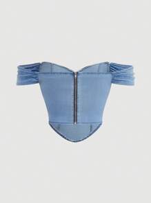 SHEIN MOD Plus Size Blue Denim Top Tight Elastic Off The Shoulder Spring And Summer Denim Tops Sweet