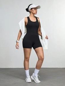 Mono informal de color liso con pantalones cortos incorporados para mujer - Negro - Ver 1