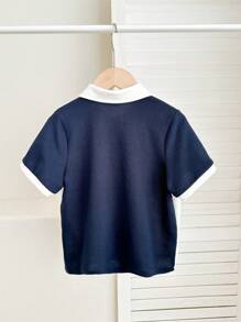 SHEIN 年轻男孩拼接撞色翻领前拉链 Polo 衫，休闲风格 - 藏蓝色 - 查看 2