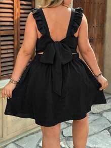 SHEIN VCAY Plus Size Women's Solid Color Tie Back Ruffle Hem Casual Dress - Black - View 7