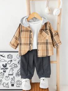 SHEIN 3pcs Baby Boy Autumn/Winter Outfit: Cute Checkered Jacket, Bear Print Knit Top, Elastic Waist Pants 3-Piece Set, Suitable For Outings In Autumn And Winter - Multicolor - View 1