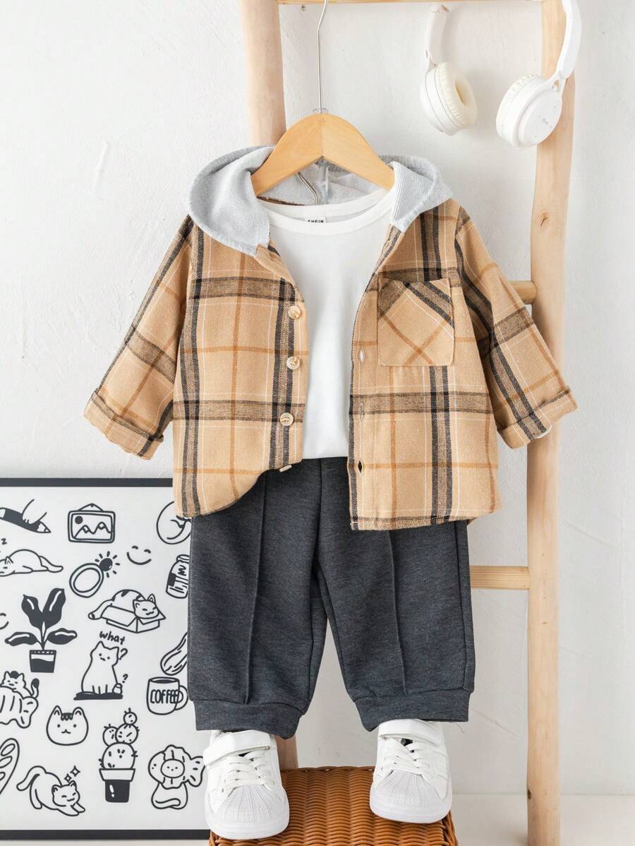 SHEIN 3pcs Baby Boy Autumn/Winter Outfit: Cute Checkered Jacket, Bear Print Knit Top, Elastic Waist Pants 3-Piece Set, Suitable For Outings In Autumn And Winter - Multicolor - View 1