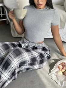 Miss Vinta Set de 2 piezas de blusa de cuello redondo y pantalones a cuadros para mujer, conjunto de ropa informal