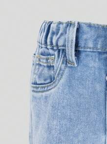 Young Girls' Light Blue Cute Pink Bow Print Elastic Waist Casual Wide Leg Washed Denim Pants Summer Holiday