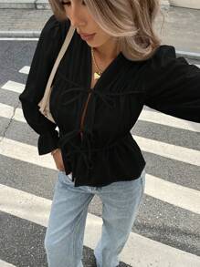 Serisse 女士纯色系带长袖休闲衬衫，日常穿着 - 黑色 - 查看 5