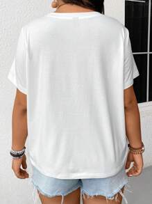 SHEIN Frenchy Áo thun cổ tròn tay ngắn thêu hình trái tim cỡ lớn trở lại trường, mùa hè - Xanh và trắng - Xem 4