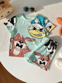 Set van 2 stuks met casual, comfortabele, stijlvolle T-shirts en shorts voor jongens met groot konijnenpatroon, geschikt voor het voorjaar en de zomer.
