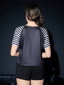 ROMWE Grunge Punk Punk Spider Print Striped Raglan Sleeve Shorts Pajama Set - Black - View 4