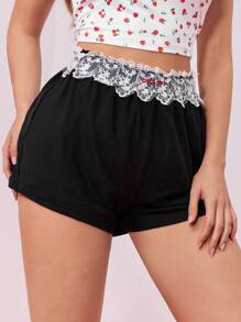 ROMWE Kawaii Lace Splice Embroidered Baby Design Pajama Bottoms - Black - View 3