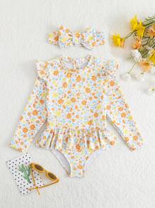 SHEIN 年轻女孩随意碎花拉链后背连体泳衣，夏季防晒 - 彩色 - 查看 1