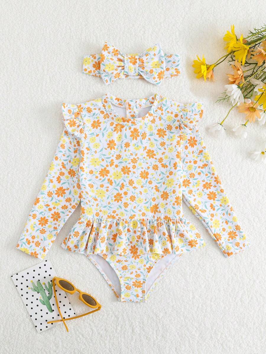 SHEIN 年轻女孩随意碎花拉链后背连体泳衣，夏季防晒 - 彩色 - 查看 1