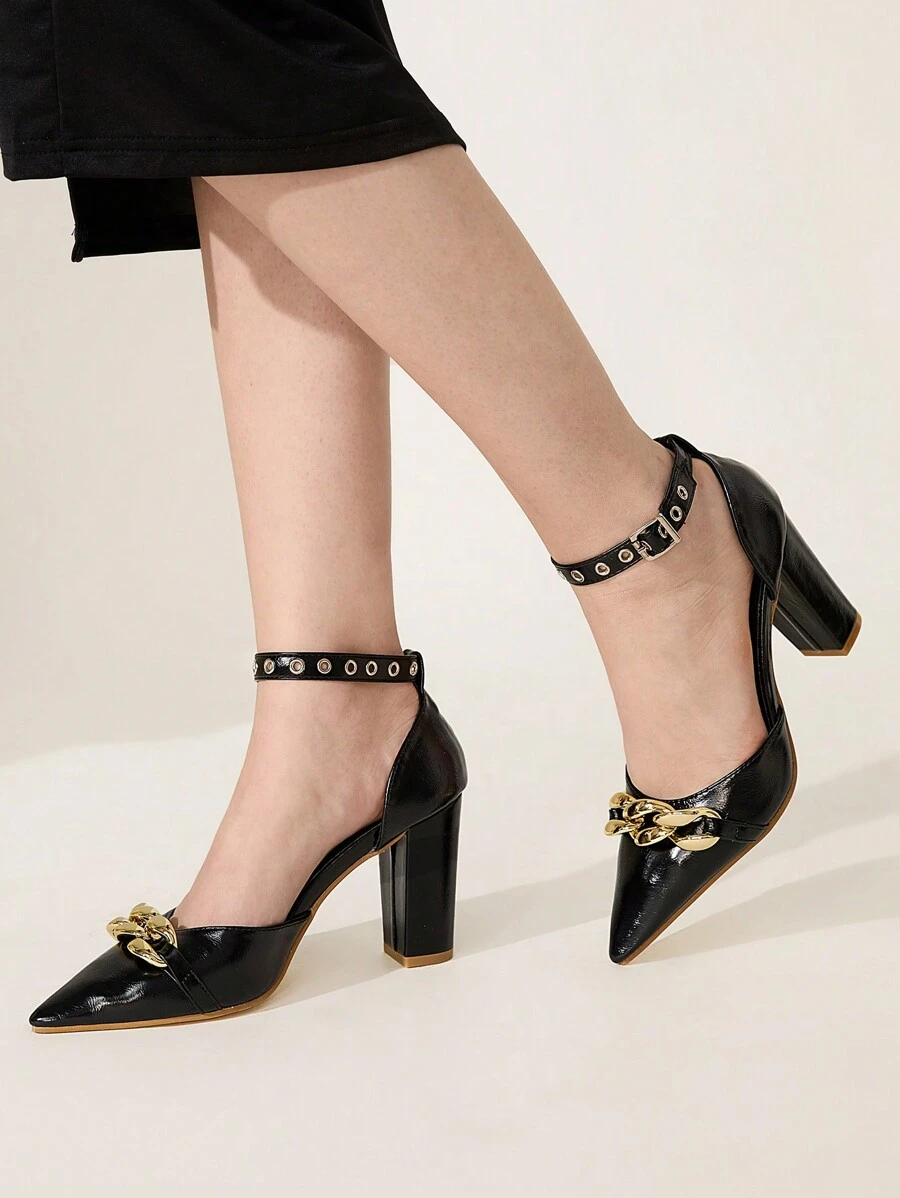 CUCCOO CHICEST Sandal Hak Tinggi Slip-On Moto Hitam dengan Gesper Lancip Gaya Punk untuk Wanita, Sepatu Musim Semi, Liburan Musim Semi, Paskah, dan Pesta Prom. - Hitam - View 1