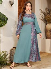 Al Najma Plus Size Asymmetrical Print Design Arabic Style Dress,Modest - Mint Green - View 1