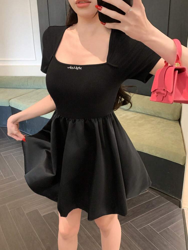 Women's Bubble Waist Short Sleeve Casual Mini Dress, Simple Design Sundress