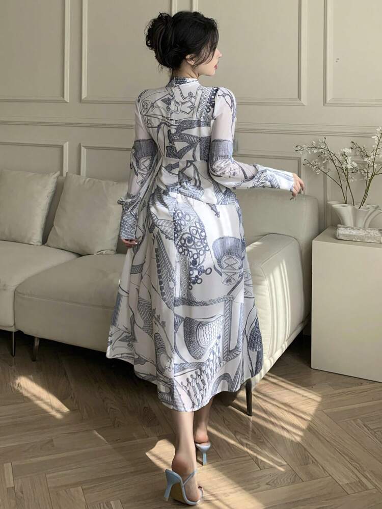 Women's Chic Blue & White Porcelain Floral Print Tie Neck Dress Elegant,Fall Dress Long Sleeve Dress Maxi Dress