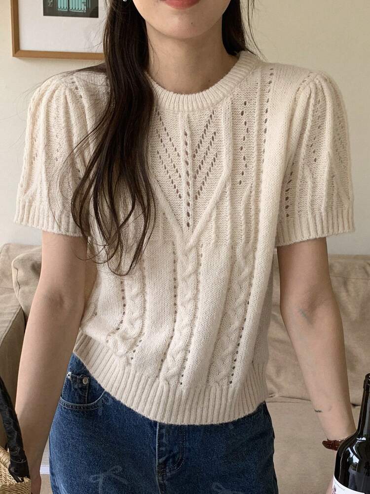 Women's Solid Color Crew Neck Short Sleeve Cable Knit Sweater