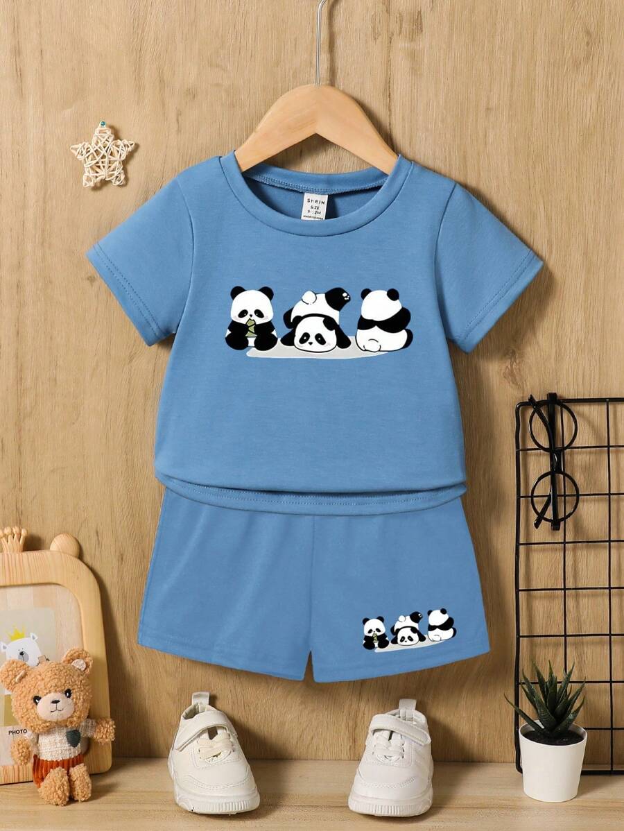 两件套男婴休闲熊猫印花套装,简约套装,适合日常穿着和户外穿着,春夏季 - 淺藍色 - 查看 1