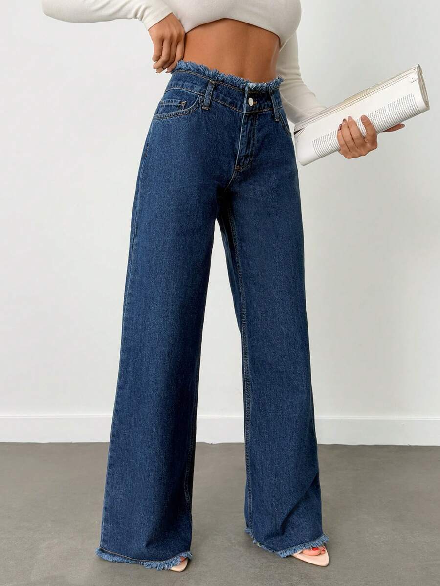 EURMUSE 100%Cotton Rigid, Belt Detailed Wideleg Fit - Dark Wash - View 1