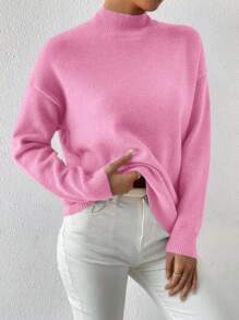 EMERY ROSE Damen Rundhals Langarm einfacher rosa gestrickter Pullover, Lässig Alltagsmode