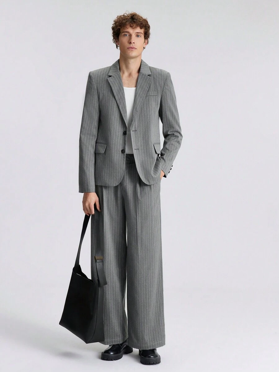 Ontre 男士休闲直筒宽松条纹西装裤，带口袋