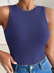 SHEIN VCAY Top informal versátil de talla grande de unicolor simple - Azul Marino - Ver 3