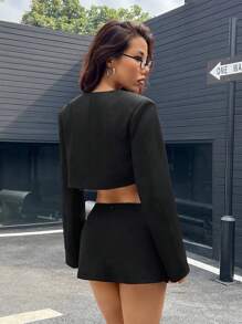 Comfortcana Women Solid Color Long Sleeve Open Front Cropped Blazer - Black - View 2