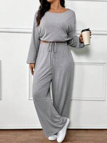 SHEIN Frenchy 1pc Plus Size Women Casual Loose 2 Pieces Set,Fashionable Grey Sports Outfit With Long Sleeve Top & Matching Bottom, Comfortable & Versatile For Daily Wear - Light Grey - View 6
