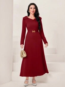 Al Najma Women's Wine Red Elegant Big Lapel Long Sleeve Patchwork Waistband Slimming Arabic Long Dress, Arabian Dresses - Burgundy - View 5