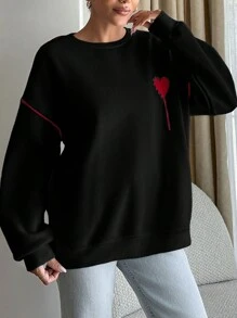 RueChic Cotton Red Heard Embroidered White Sweatshirt With Red Piping At Sleeves - Black - View 7