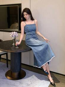 DAZY 女式宽松休闲吊带磨边牛仔连衣裙太阳裙 - 中等水洗藍 - 查看 2