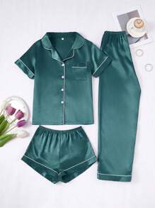 3pcs/Set Women Contrast Trim Solid Color Faux Silk Lapel Sleepwear Set