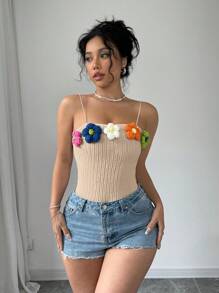 Elenzga Simple 3D Flower Decor Spaghetti Strap Tight-Fitting Casual Cold Shoulder Top - Apricot - View 5