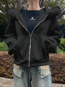 Women Fur Collar Patchwork Long Sleeve Casual Hoodie Sweatshirt - Black - View 3