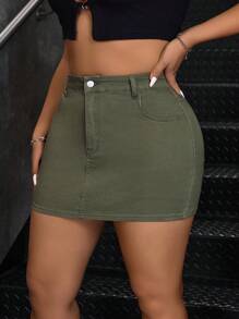 SHEIN EZwear Plus Size Solid Color Front Button Pocket Simple Casual Denim Mini Skirt - Army Green - View 5