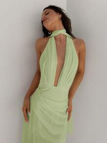 Aloruh 女式深 V 领露背度假长款雪纺连衣裙，配系带，合身喇叭裙款式，适合婚礼、派对、春夏季