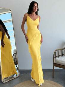 Aloruh 春夏浪漫紧身荷叶边细肩带长连衣裙（女款） - 黃色 - 查看 3