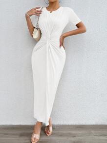 Chiquease Twist Front Solid Longline Dress For Summer Maxi Women Outfit - White - View 3